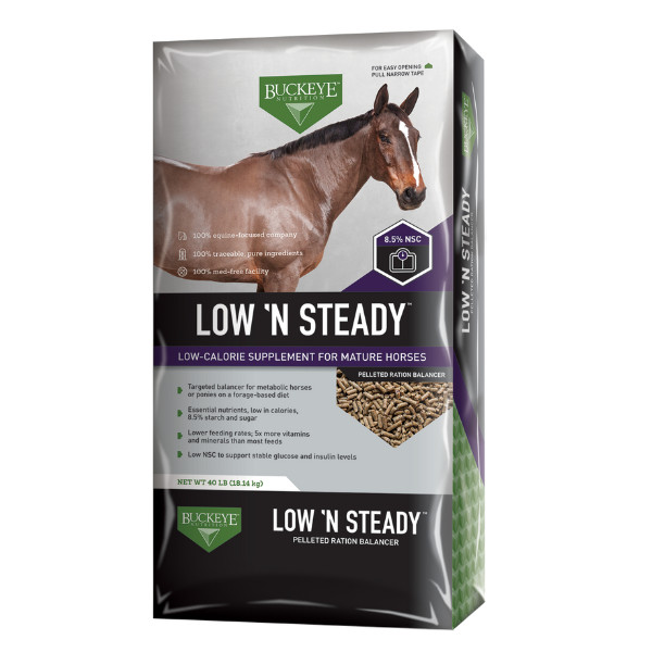 Buckeye Nutrition Low 'N Steady horse feed. 50-lb bag.