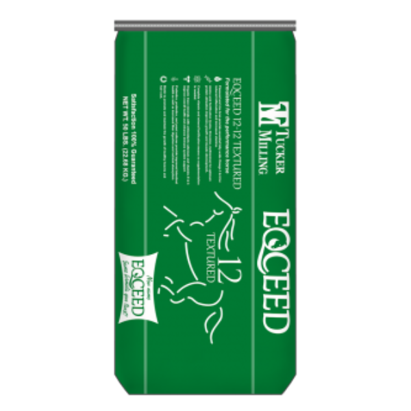 Eqceed 12-12 Textured Horse Feed. For performance horses. Green 50-lb feed bag.