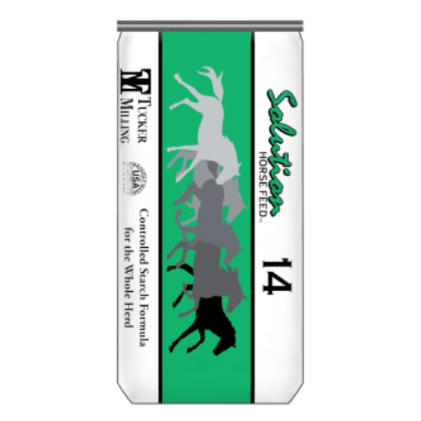 Solution 14 Pelleted Horse Feed. Green and white feed bag.