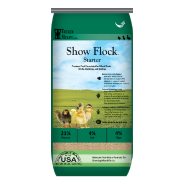 Show Flock Starter Crumbles for poultry. Green 50-lb bag.