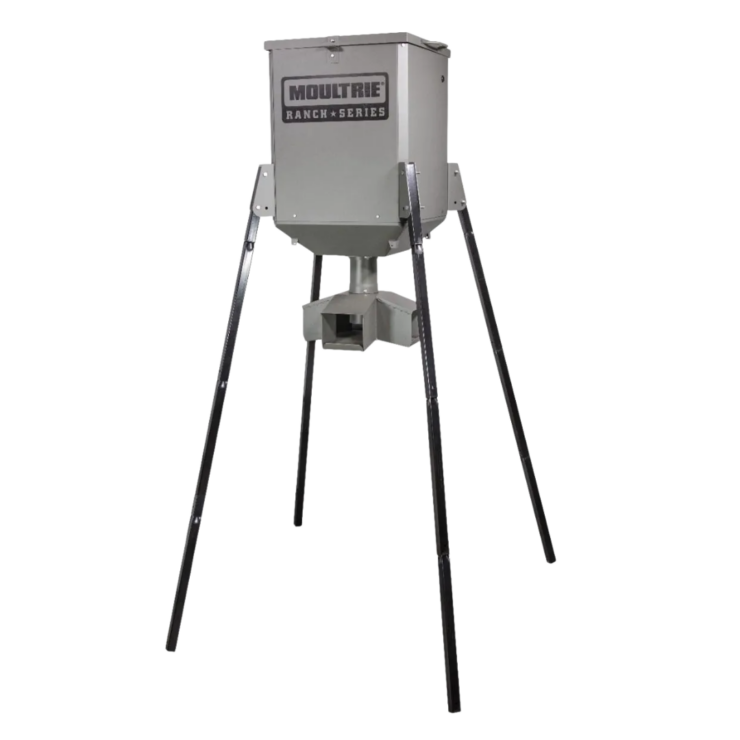 Moultrie Ranch Series® Gravity Feeder. Metal wildlife feed on legs.