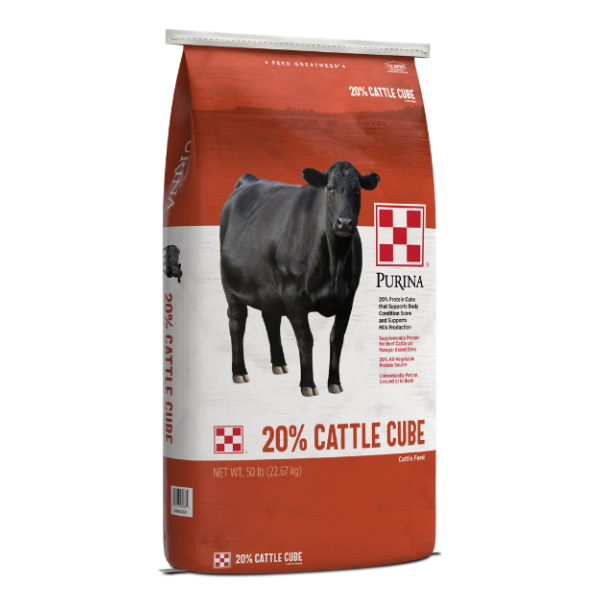 Purina Cattle Cube 50-lb orange and white bag.