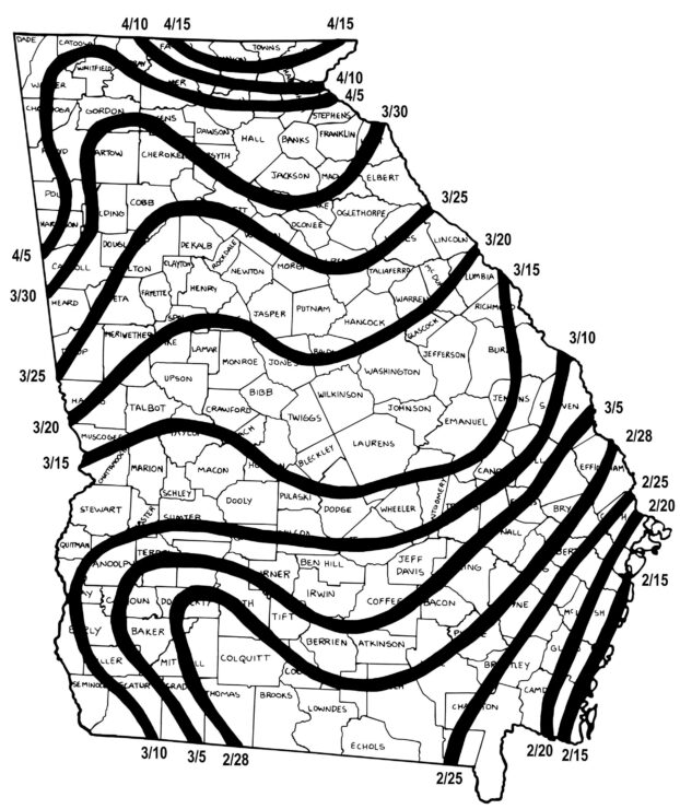 Average dates of the last 32-degree F temperature in the spring.