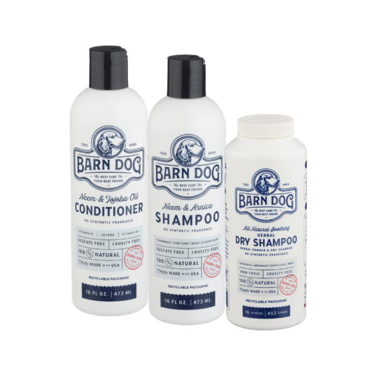 bottles of Equiderma Barn Dog Shampoo, Conditioner & Dry Shampoo