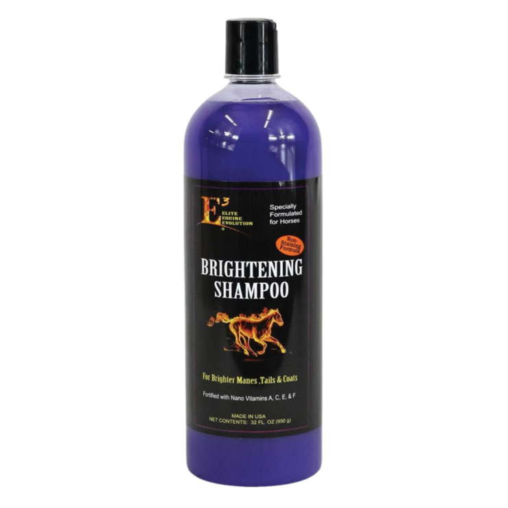 E3 Brightening Shampoo for Horses. Purple 32oz bottle.