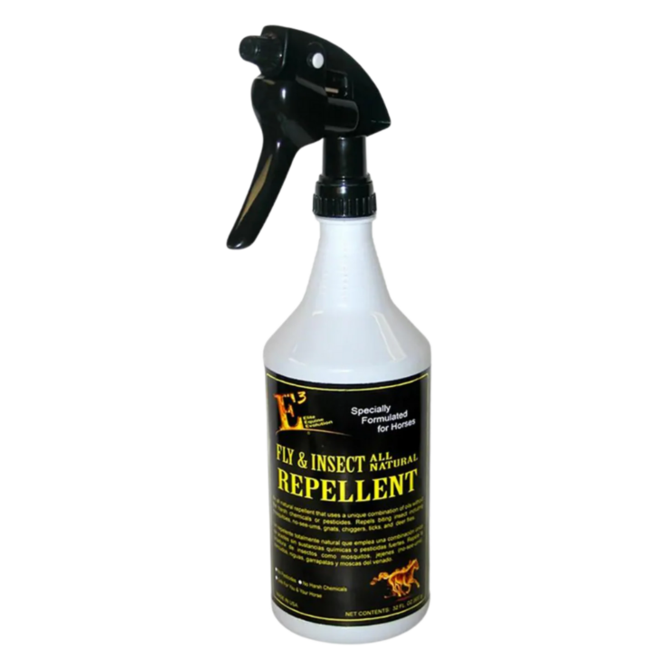 E3 Fly & Insect Repellent Spray in white bottle with black label.
