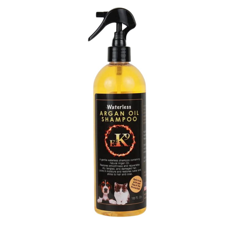 Spray bottle of E3 Waterless Argan Oil Shampoo for Cats and Dogs.