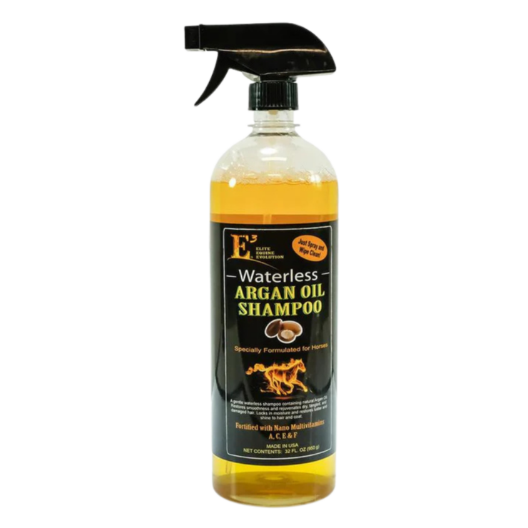 E3 Waterless Argan Oil Shampoo for Horses in plastic spray bottle.
