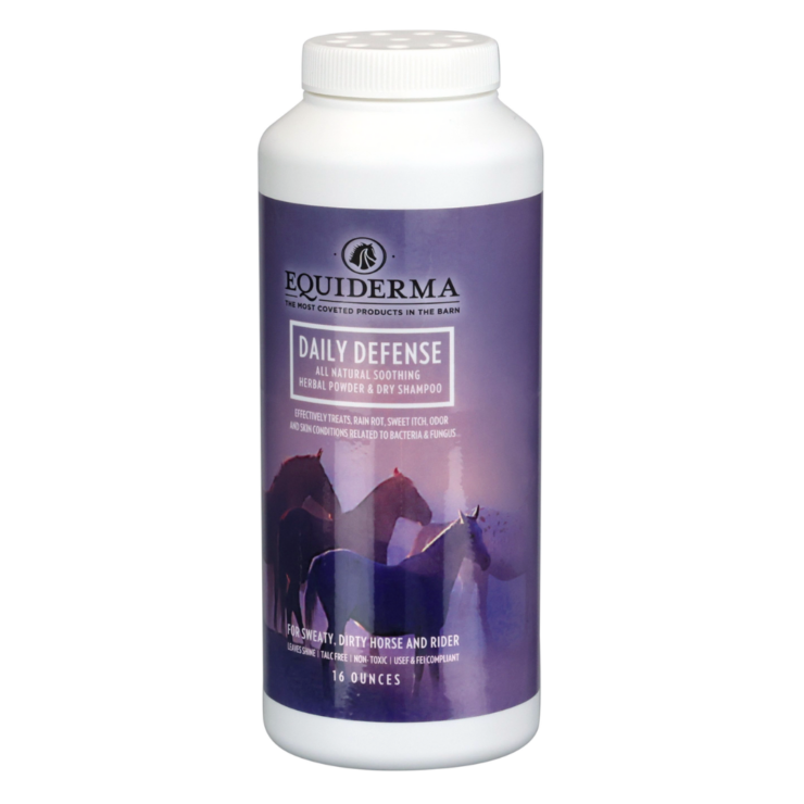 Equiderma Daily Defense Dry Shampoo 16oz. White bottle with purple label.