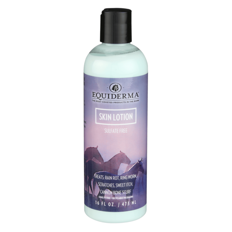 Equiderma Skin Lotion for horses. White bottle with black cap.