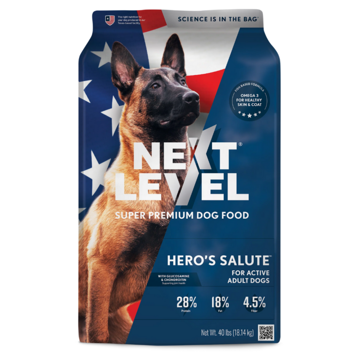 Next Level Super Premium Pet Food Hero’s Salute is for active adult dogs. 40-lb bag.