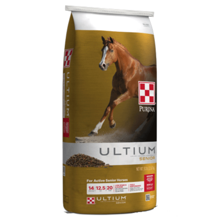 Purina Ultium Senior Horse Feed. Gold 50-lb bag of equine feed. Available at Cherokee Feed in Georgia.