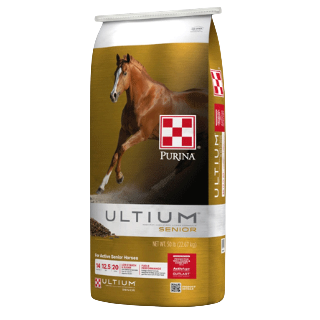 Purina Ultium Senior Horse Feed. Gold 50-lb bag of equine feed. Available at Cherokee Feed in Georgia.