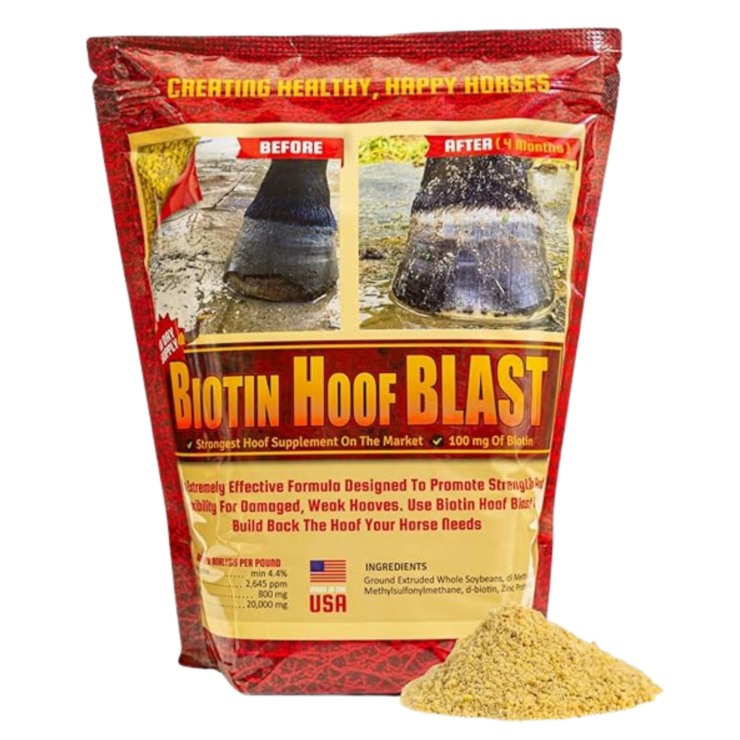 Horse Guard Biotin Hoof Blast. Red and yellow bag.