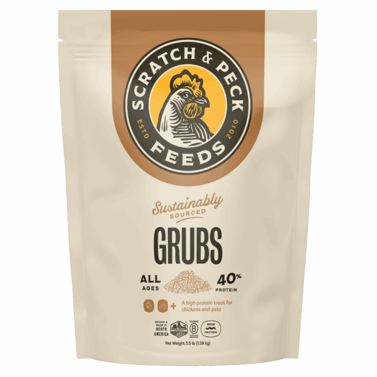 Scratch & Peck Grubs in tan 7-lb bag. Poultry treats.