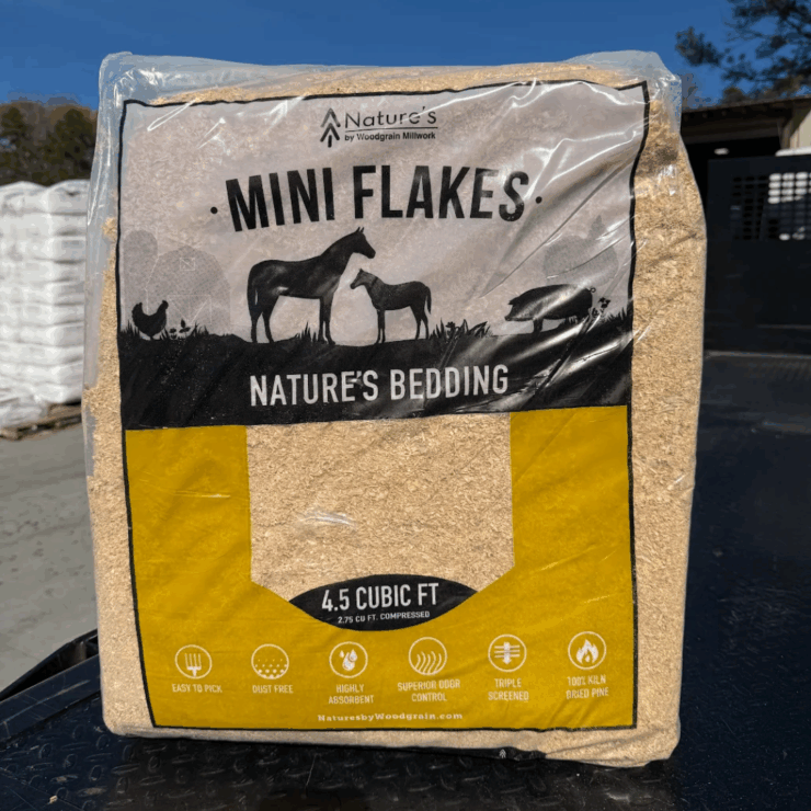 Save big on Nature's Bedding Mini Flakes! Yellow bag of shavings.