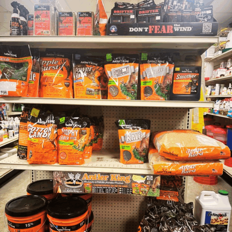 photo of antler kind display at the store where we have tons of Wildlife Feed and Attractants for Hunting Season