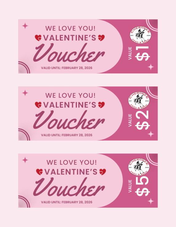 We Left You A Valentine’s Surprise In Our Stores! Keep an eye out for one of these Valentine's Themed vouchers picture for $1, $2 or $5 off! The vouchers are pink and red with hearts on them.