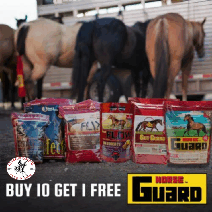 graphic of horses and horse guard products that say "Cherokee buy 10, get 1 free horse guard"