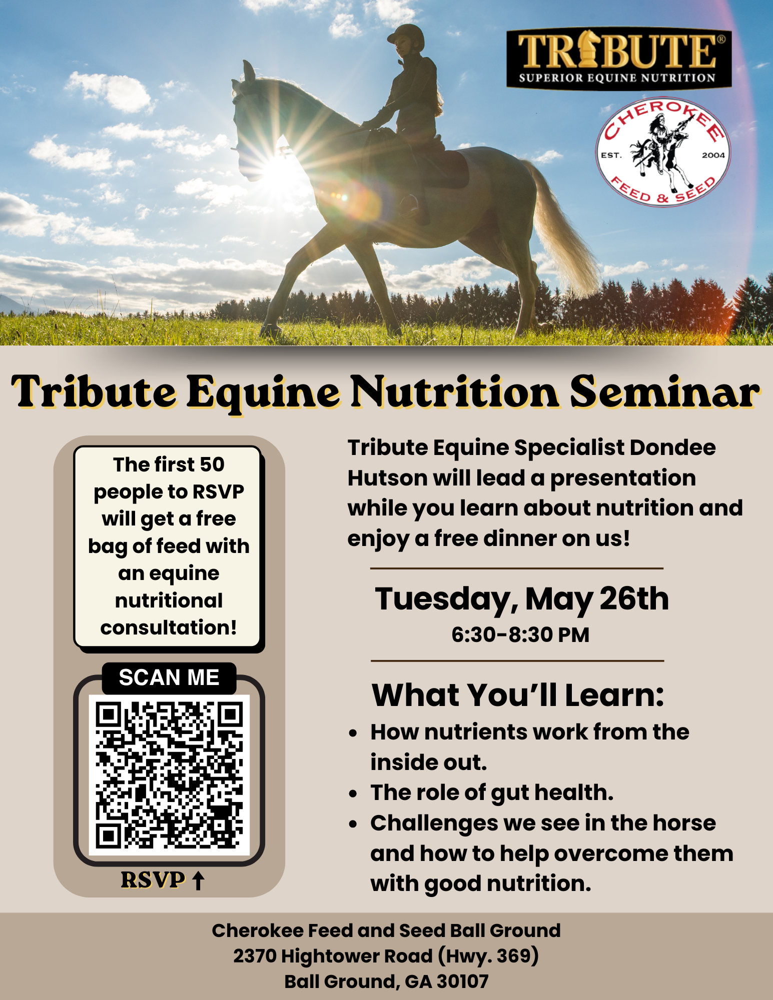 Tribute Equine Nutrition Seminar flyer listing events, photo of horse on it
