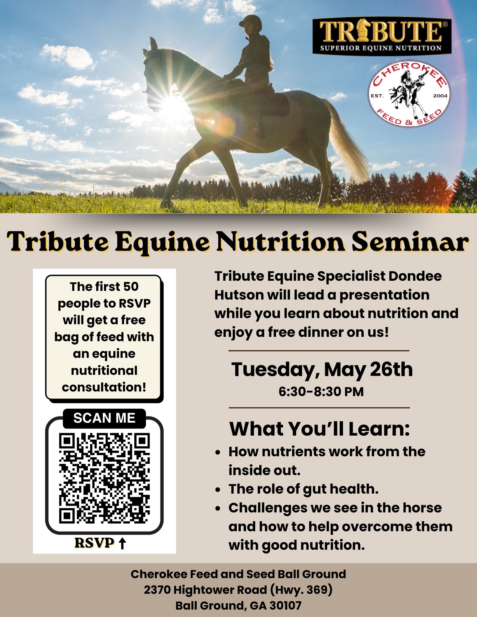Join Us at Our Tribute Equine Nutrition Seminar! Flyer lists details and has a photo of a woman riding a horse on it and a QR code to scan to rsvp.