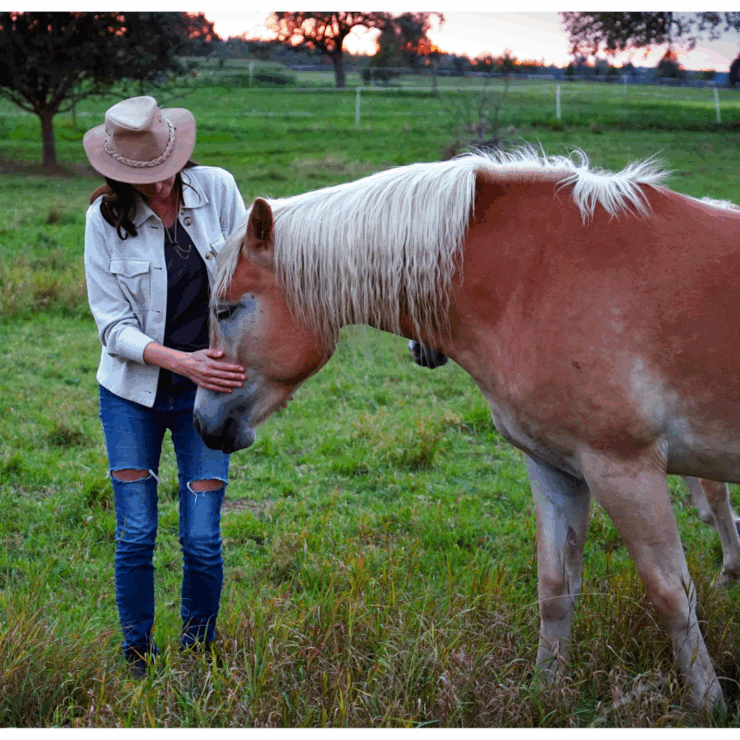 lady in a hat patting her horse in a spring like setting
