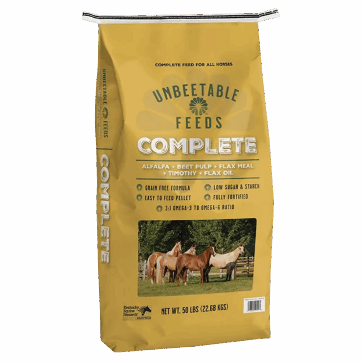 bag of Unbeetable Feeds Unbeetable Complete - it's yellow with photo of horses on it.