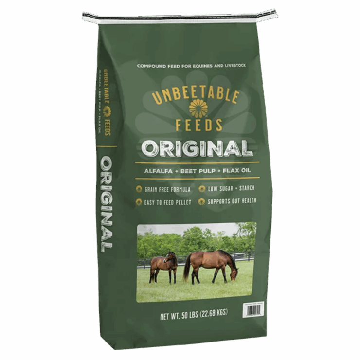 bag of Unbeetable Feeds Unbeetable Original  - green with photo of horses on front