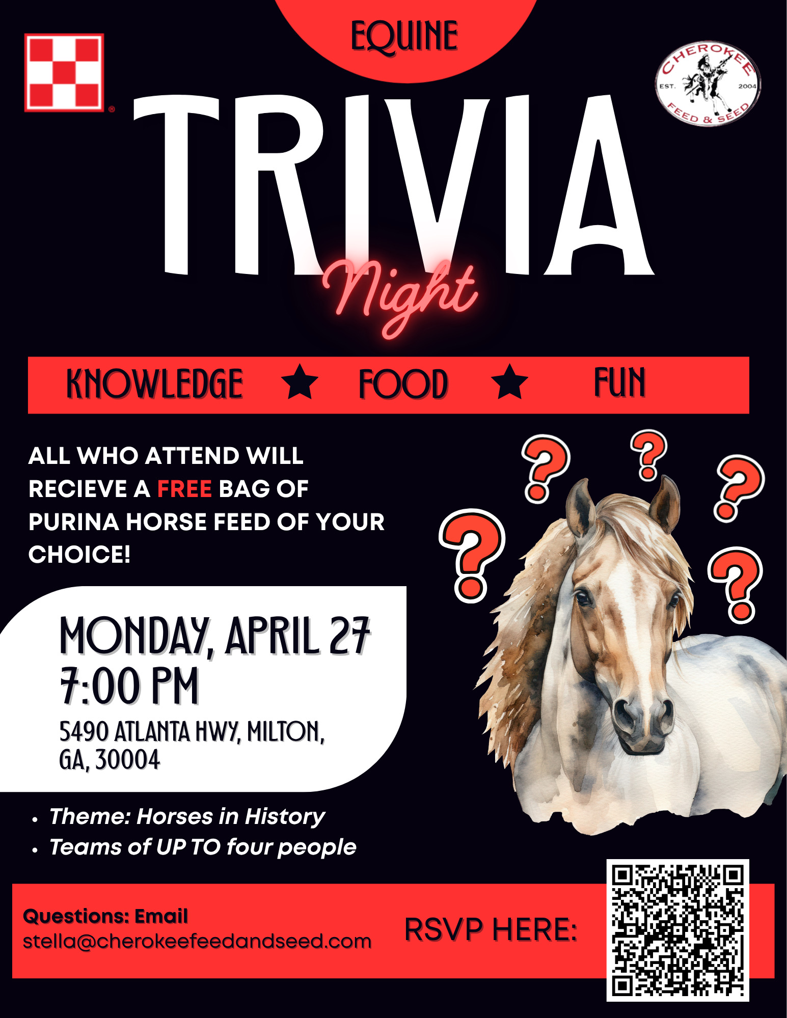 Equine Trivia Night flyer listing details (covered in this post) the flyer is white black and red and features a white horse on it.
