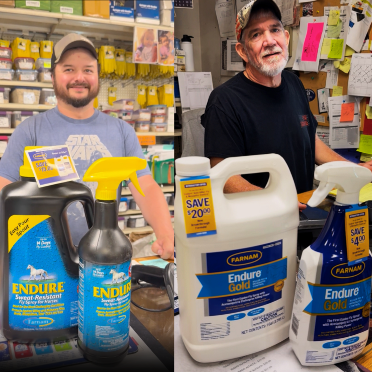 Save on Farnam Fly Control! Jeremy and Steve standing next to Farnam Endure Fly Sprays, including Endure Gold - the latest release in the line!