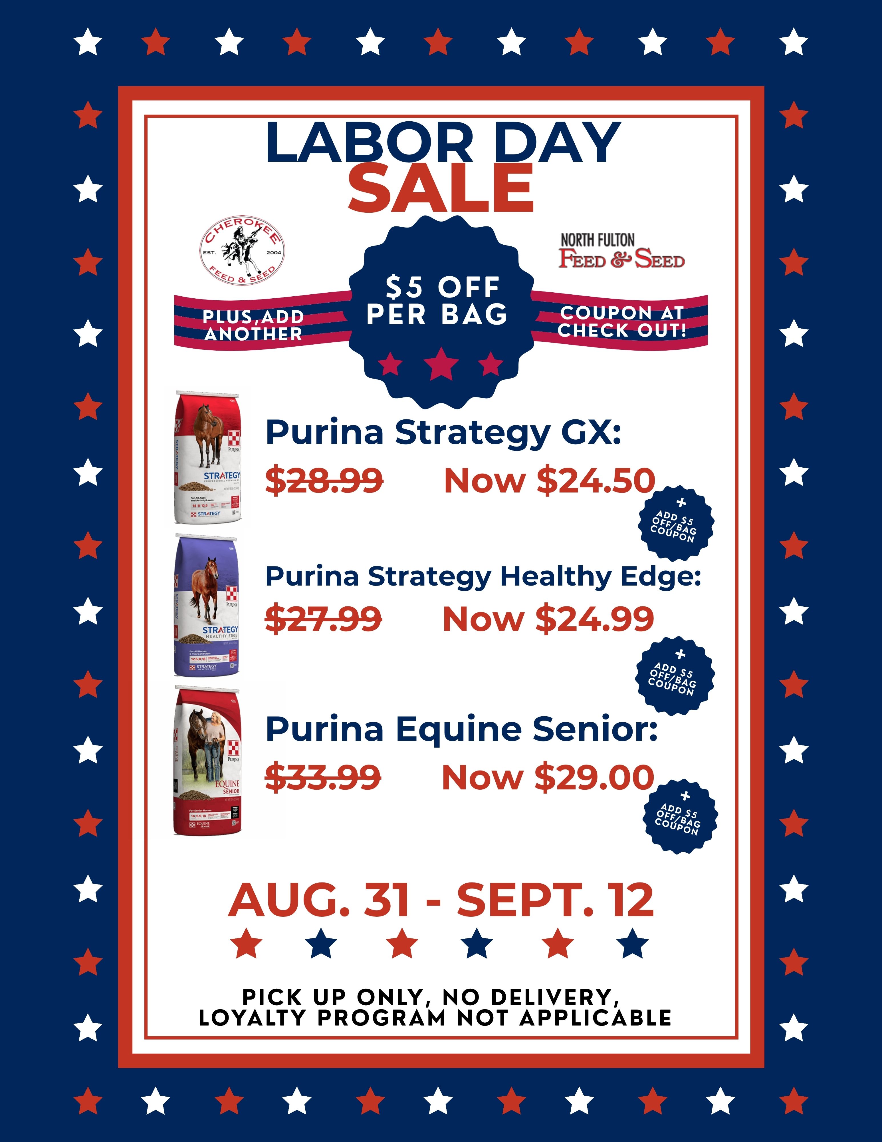 Purina horse feed bags from sale pictured in red, white and blue colors, original prices slashed out showing new ones plus the additional $5 off sticker