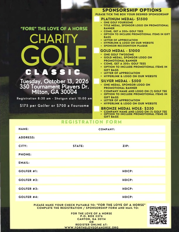 15th Annual "Fore" The Love of a Horse Golf Classic" sign up sheet listing different sponsorship options