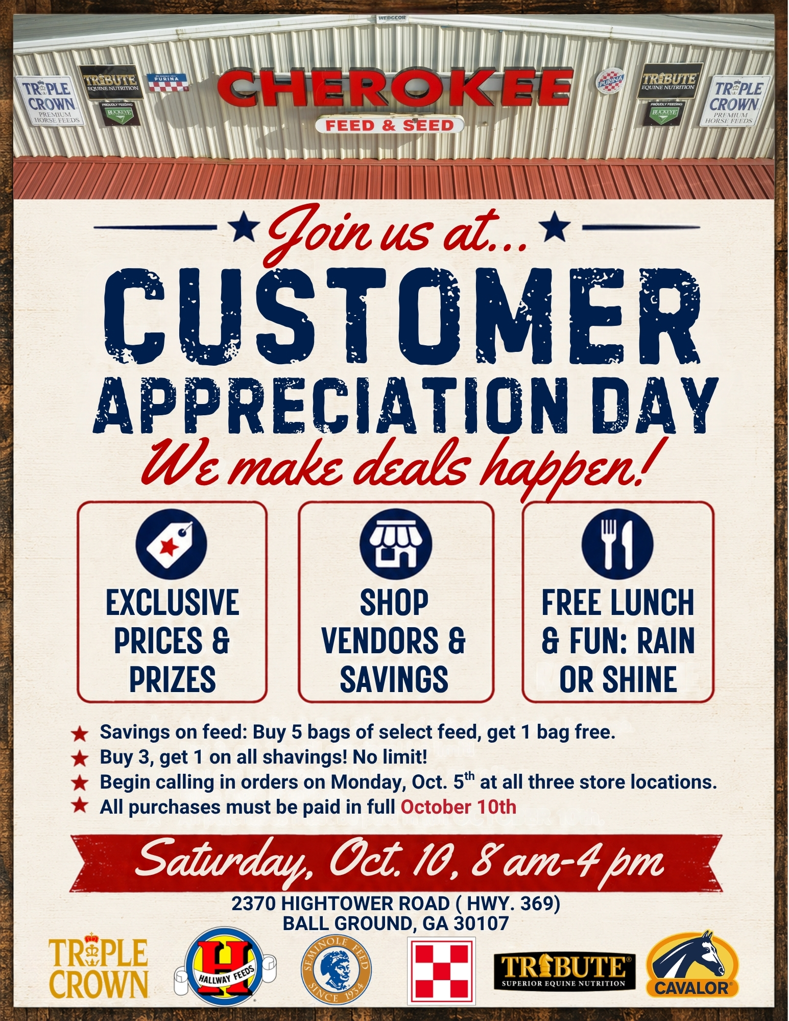 23rd Annual Ball Ground Customer Appreciation Day details listed on flyer with red, white, and blue color scheme