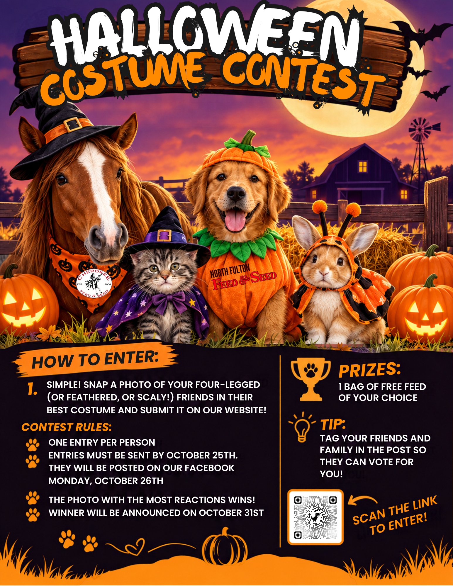 Halloween Costume Contest flyer for Cherokee Feed & Seed featuring a costumed horse, dog, cat, and bunny in a festive Halloween farm scene. The flyer explains how to enter by submitting a photo of a costumed four-legged, feathered, or scaly friend, with entries due October 25 and winners announced October 31. The prize is one free bag of feed of the winner’s choice, and a QR code is provided to enter. (but you can enter using the form below.)