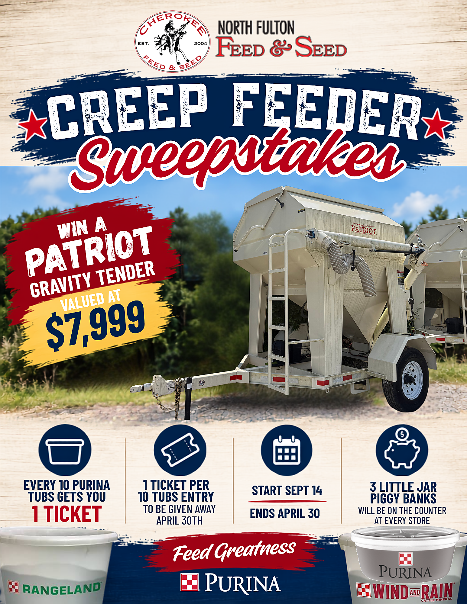 Win Big with Our Creep Feeder Sweepstakes! Flyer shows Patriot Gravity Tender and lists of details covered in article