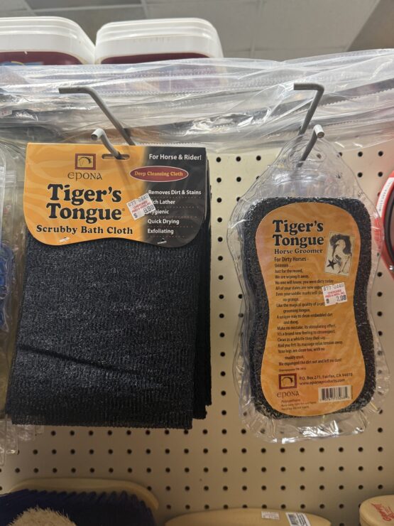 IMG_4350 2 Epona Tiger's Tongue Horse Groomer and Epona Tiger's Tongue Scrubby Bath Cloth on display